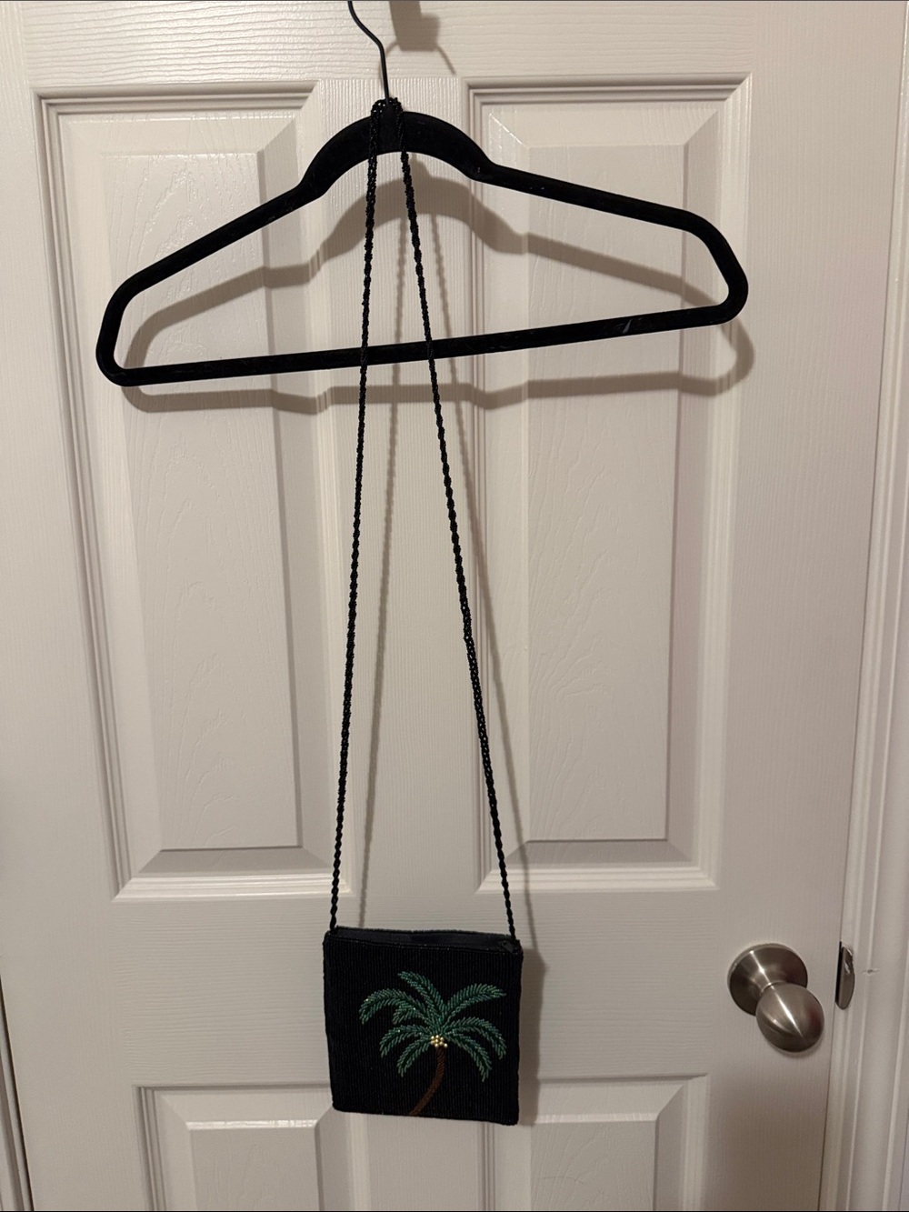 Black Beaded Crossbody Bag with Green Palm Motif